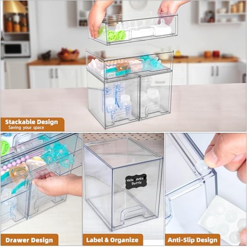 Baby Bottle Organizer, 4 Pack Stackable Storage Drawers with Labels, Clear Station Organizers Container for Pacifiers, Pump Parts, Desk Organizer Bins for Bathroom, Cabinet, Pantry, Vanity, Countertop - Image 5