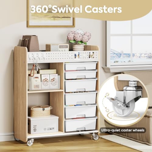 Rolling Craft Cart with 6 Drawers, Pegboard and Locking Wheels Natural - Image 6