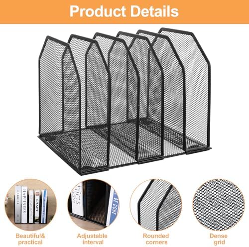 Vertical File Organizer for Desk, 2 Pcs Metal Mesh Holder with 5 Compartments, Desktop Document Storage Stand & File Folder Rack, Office Desk Organizer - 9.3"x8.5"x7.9" - Image 3