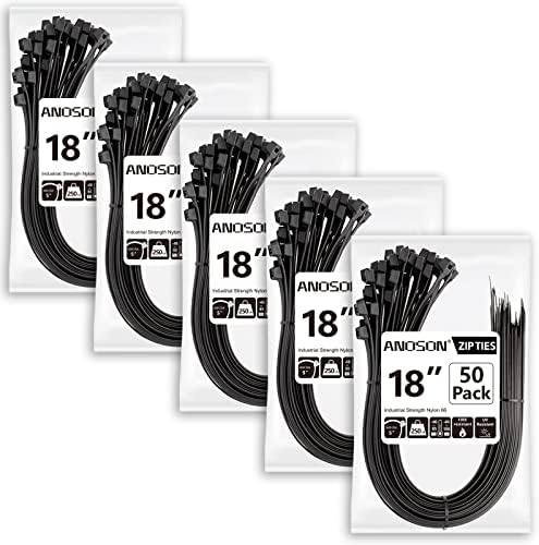Large Zip Ties 18 inch (250 Pack), Long Zip Ties Heavy Duty with 220 lb Tensile Strength, Big Cable Ties, Black, by ANOSON by ANOSON