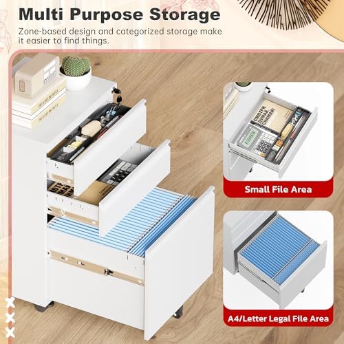 Superday White 3 Drawer Mobile Locking File Cabinet, Metal Rolling Vertical Filing Cabinet with Drawers, Small Under Desk File Cabinets for Office and Home, Fully Assemble - Image 4