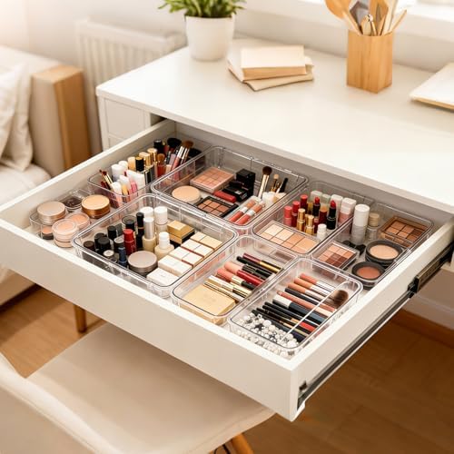 15 PCS Extendable Drawer Organizer Set Clear Stackable Vanity Storage Bins - Image 6