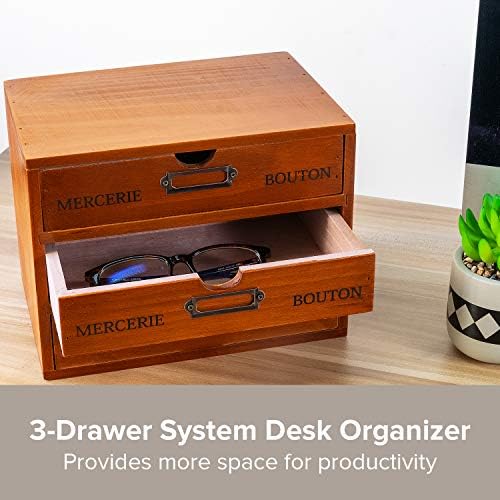 Vintage 3-Drawer Organizer for Desk - Wooden Box with 3 Storage Drawers - Solid Wood Table Top Filing Cabinet for Organization and Storage - Paper Organizer - Rustic Desk Organizers and Accessories - Image 4