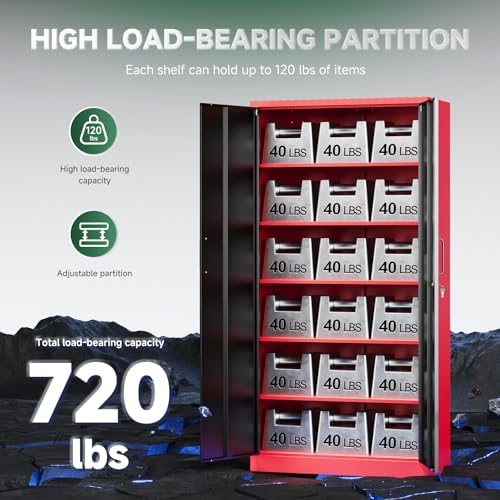 Letaya Metal Garage Storage Cabinets with Lock, 71" Tall Locker Organizer Steel Tool Cabinets,5 Adjustable Shelves 2 Doors for Home Office, Warehouse,Garage,Industrial,Employee (Black Red) - Image 7