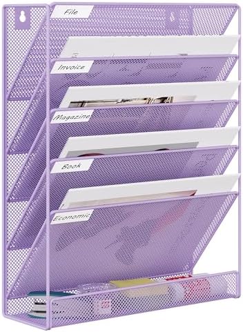 EasyPAG 5 Tier Wall File Holder, Mesh Hanging Folder Organizer with Classify Label, Versatile Desk File Holder, Vertical Wall Mounted Mail Organizer for Office Home Cubicle, Purple by EasyPAG