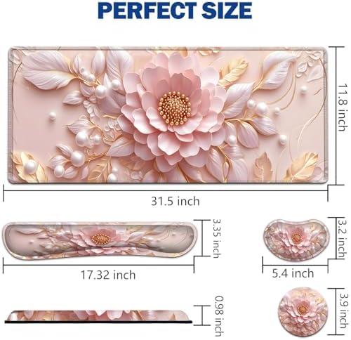 Large Mouse Pad + Keyboard Wrist Rest Set, Extended Gaming Mousepad (31.5X11.8 inch) with Non-Slip Rubber, Ergonomics Memory Foam Mouse Wrist Rest Support, Embossed Pink Flowers XXL Desk Pad - Image 2