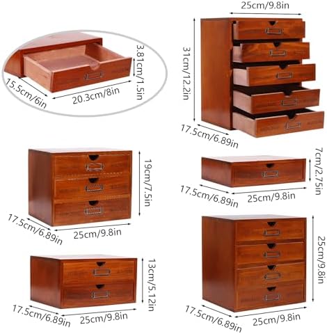 5 Pcs Desktop Storage Organizers,15 Drawers Cabinet for Tabletop,Wooden Stackable Organizer,Brown - Image 3