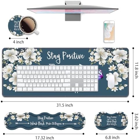 4 in 1 Ergonomic Keyboard Wrist Rest & Mouse Pad Wrist Rest Set,Stay Positive Work Hard and Make It Happen Inspirational Quote Large XXL Gaming Desk Mat with Non-Slip Base for Home Office Study Gaming - Image 2