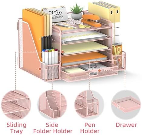SUPEASY Mesh Desk Organizer with File Holder, 5-Tier Paper Letter Tray Organizer with Magazine Holder, Desktop Organizer and Storage with Drawer for Office Supplies Home or School (Pink) - Image 3