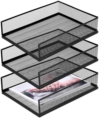 3 Pack Wire Mesh Letter Trays, Black Metal Magazine File Holder, Stackable Desk Tray Single Wire Mesh Organizer, Metal Paper Tray Office Document Organizer (12.8 x 9.84 Inch) by Unknown