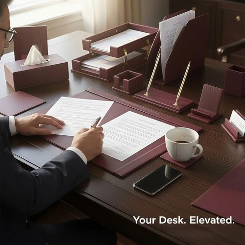 Leather Desk Set,13-Piece Desk Organizer Set, Executive Office Accessories with Desk Pad & Blotter, 2-Tier Tray, Pen Holder & More, Professional Office Desk Decor & Gift Set (Burgundy) - Image 6