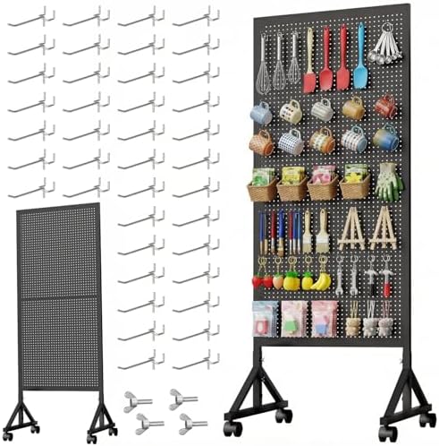 Metal Pegboard Display Stand 2 x 4.9 Feet, Adjustable Height with 40 Peg Board Hooks and Wheels, pegboard Display Rack, Craft Display Rack, Retail Display Rack, Garage Peg Board by GIKLUX