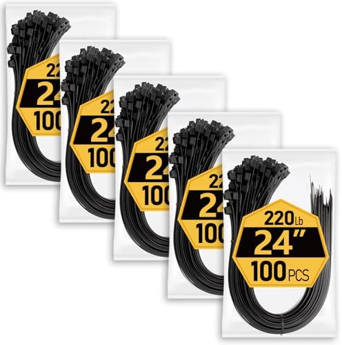 Large Zip Ties Heavy Duty 24 inch (500 Pack), 220 lb Tensile Strength for Outdoor Use, Black Cable Ties, Long Wire Ties by ANOSON by ANOSON