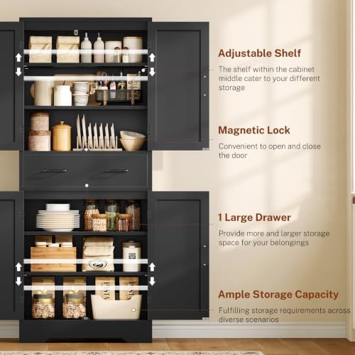 TEENFON Tall Storage Cabinet with 2 Adjustable Shelves & 1 Large Drawer, Kitchen Pantry Cabinet with 4 Doors, Bathroom Storage Cabinets, for Living Room, Kitchen, Bathroom, Black - Image 4