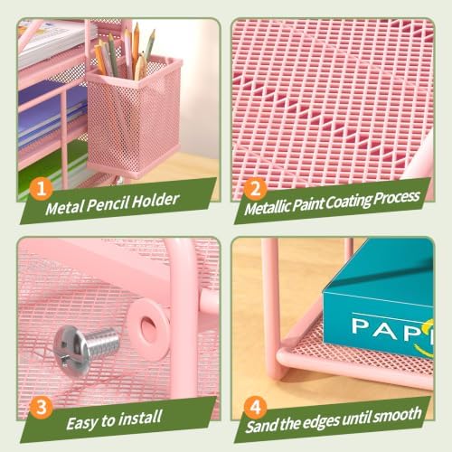 Pink 7 Tier Desk File Organizer, Metal Letter Tray Paper Organizer with Pull-Out Drawer, Removable Pen Holder & Hanging Basket, Vertical Desktop File Holder for Home Office, Classroom - Image 5