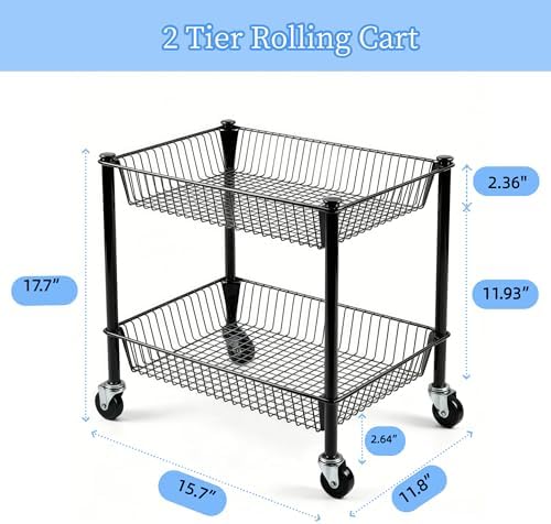 2 Tier Rolling Pantry Cart on Wheels Thick Metal Pantry Floor Organizer Small Utility Cart for Small Space, Fruit Vegetables Rack for Kitchen, Under Desk Storage Onion Potato Storage Basket, Black - Image 5