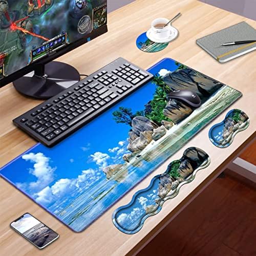 Ergonomic Keyboard Wrist Rest & Mouse Pad Wrist Rest Set, Large XXL Gaming Desk Mat 31.5"x 11.8",Non-Slip Base, Memory Foam,Easy Typing Pain Relief for Office & Home, Beaches Scene France Seychelles - Image 7