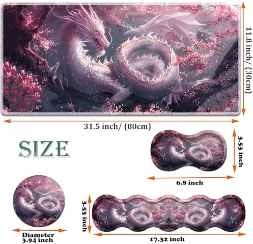Large Gaming Mouse Pad + Keyboard Wrist Rest + Wrist Support + Coaster Set, Memory Foam Ergonomic for Easy Typing, XXL Extended Gaming Mouse Pad Table Pad - Cherry Pink Dragon - Image 6