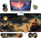 4-Piece Extended Large Mouse Pad Set for Women Men with Castle Night Design Includes 35.4 x 15.7 XXL Large Mouse Pad Keyboard Wrist Rest Mouse Wrist Support and Coaster for Office Home by HaoSiTeck