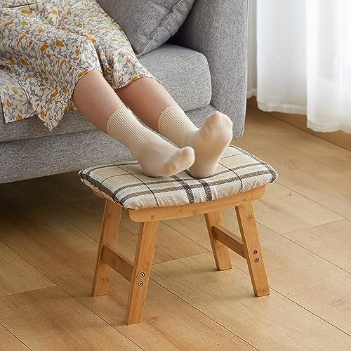 Foot Stool Ottoman Foot Rest Under Desk,Small Stool for Living Room, Bedroom and Kitchen (Natural Legs - Stripes Stool Surface) by Furshus