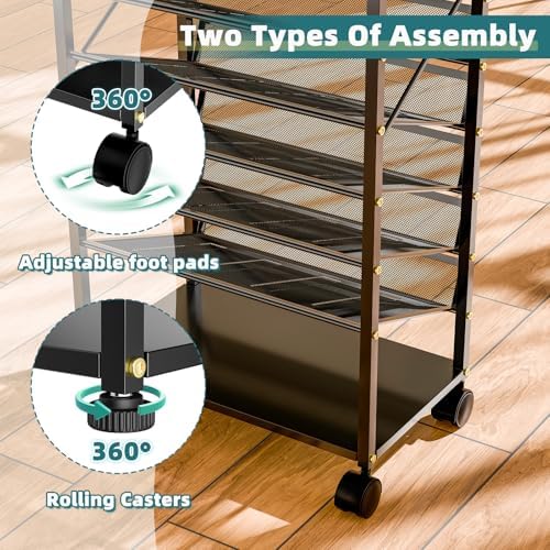 Ekisemio 15 Tier Rolling File Cart, Sturdy and Durable Desk File Organizer with Metal Mesh Letter Tray, Heavy-Duty Rolling Clutter Cart for Office, Home, School, Black - Image 5