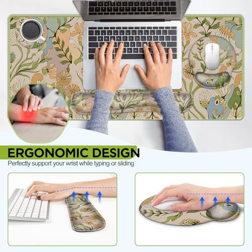 AIMSA Mouse Pad Set Large Desk Mat, Ergonomic Mouse Pad with Wrist Rest, Gaming Mouse Pad Wrist Support Keyboard Mat Combo Office Desk Decor Accessories, Abstract Flower Plants - Image 3