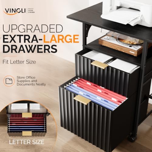 VINGLI 2 Drawer File Cabinet with 24'' Extended Desktop, Fluted Filing Cabinet Mobile Under Desk File Cabinet with Wheels, Fabric Drawers Printer Stand for Home Office, Fits Letter Size, Black - Image 4