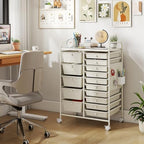 Giantex 15 Drawer Storage Cart, Rolling Craft Cart with Metal Tabletop & Pegboard, Mobile Utility Organizer Trolley with Locking Wheels, Home Office, Classroom, Teacher Supplies, Ivory - Image 2