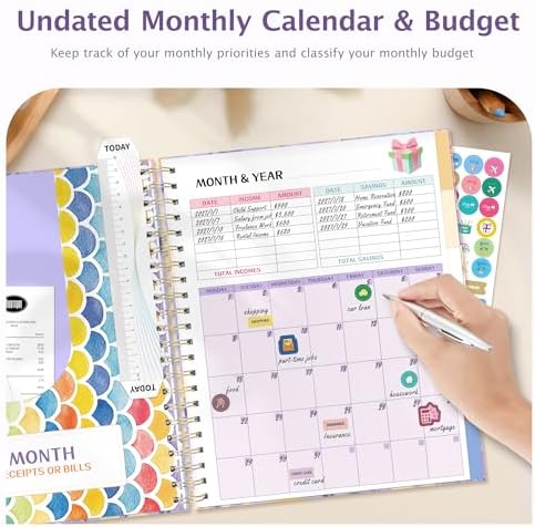 Ospelelf Budget Planner Undated, Money Expense Tracker with Pocket & Stickers, Thick Cardboard Cover, Large Pages for Spacious Writing, Original Fun Colorful Design, 12 Month Financial Notebook, Purple Floral - Image 3
