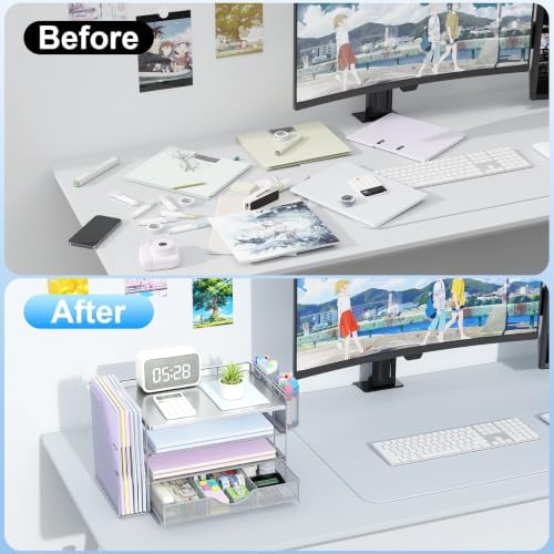 gianotter Desk Organizers and Accessories with File Holder, 4-Tier Desk Accessories & Workspace Organizers with Drawer and 2 Pen Holder, Desk Reference Organizer (Grey, 4T with Metal Drawer) - Image 2