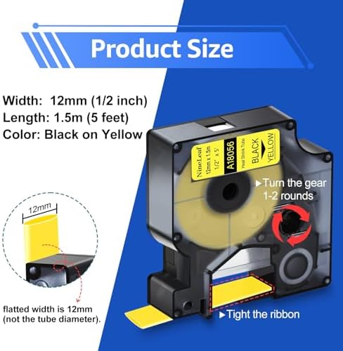 NineLeaf 8 Pack Compatible Labels Tape Replacement for Dymo 18056 1/2 inch Black on Yellow Heat Shrink Tube Labels 12mm x 1.5m for Wires and Cables Use in Rhino 4200 5200 5000 6000 3M Label Maker - Image 2