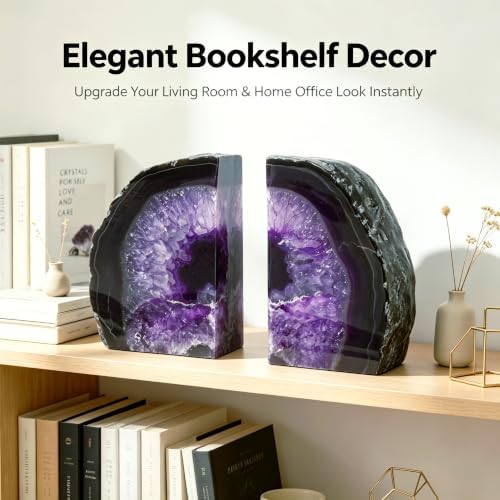 Purple Agate Bookends Set of 2, Heavy Duty Geode Stone Book Ends for Office and Bookshelf, Includes Anti-Slip Rubber Bumpers, Unique Decorative Gift for Home, 3-4 lbs - Image 6