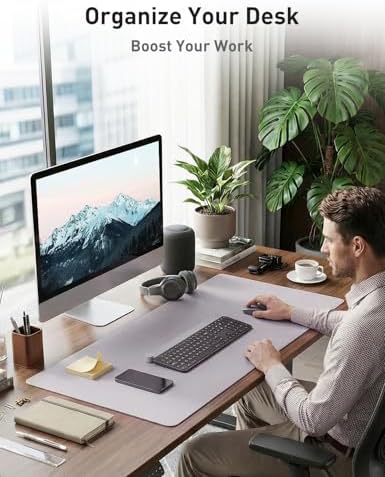 Aothia Faux Leather Desk Mat - Non-Slip PU Leather Desk Blotter, Waterproof Writing Surface, Large Desk Pad for Office & Home (Smoky Lavender, 55" x 24") - Image 3