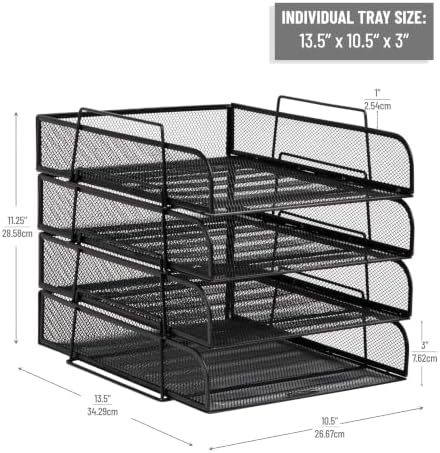 Mind Reader Stackable Paper Tray, Desktop Organizer, File Storage, Office, Metal Mesh, 10.5" L x 13.5" W x 11.25" H, 4 Pcs., Black - Image 3