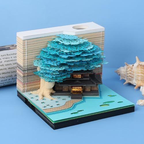3D Memo Pad 260 Sheets Tree House Notepad with Light Kawaii Sticky Note Pad 3D Paper Carving Art Craftwork Desk Decoration Pen Holder DIY High-Grade Creative Gift,Blue - Image 2