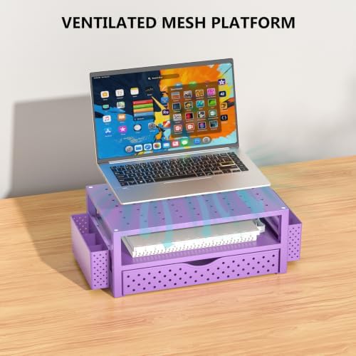 WALI Desk Organizer with Drawer and Pen Holder, 3 Tier Computer Monitor Stand for Home Office Supplies, Laptop Stand Riser for Computer, Laptop, Printer(PTT004-V), 1 Pack, Purple - Image 4