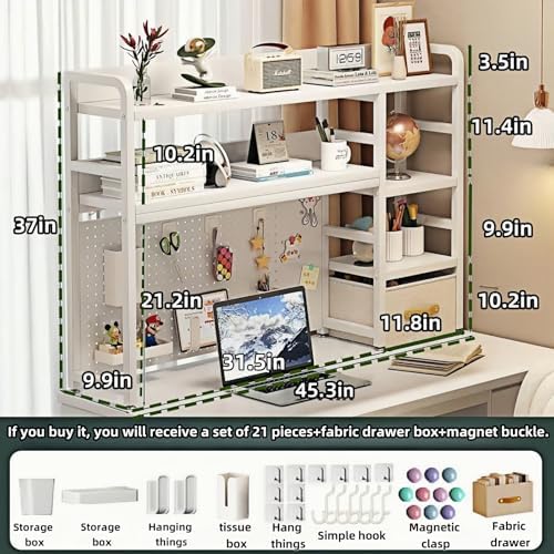Desktop Bookshelf, pegboard Storage and Organization Rack, Dorm Desk Shelf, Desk Hutch, Desktop Storage for Office, Study, Student Display Rack,Desktop Shelves (White 45.3" Lx9.9 Wx37 H) - Image 2