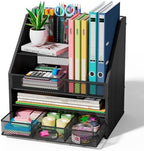 Homsorout Wooden Desk Organizer - Mesh File Organizer with Drawers and Pen Holder - 4-Tier Vertical Paper Letter Storage Tray, Desktop Organizers and Accessories for Home Office (Black by Homsorout