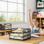 Subekyu 2-Pack 3-Tier Paper Letter Tray Organizer for Desk, Black Metal Mesh File Sorter Organizer with Handle and 1 PC Sliding Tray for Home Office School Desk Supplies Organization Storage - Image 3