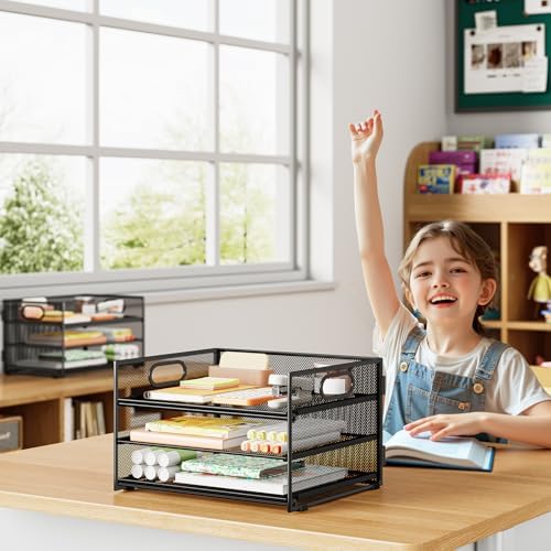 Subekyu 2-Pack 3-Tier Paper Letter Tray Organizer for Desk, Black Metal Mesh File Sorter Organizer with Handle and 1 PC Sliding Tray for Home Office School Desk Supplies Organization Storage - Image 3