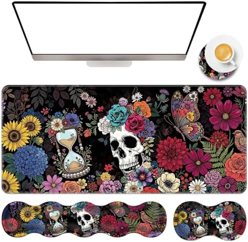 TGFEWYTJYJ Extended Gaming Mouse Pad,Memory Foam Ergonomic Keyboard Mouse Wrist Rest Support Set,Large Desk Mat with Stitched Edges,Non-Slip Base Mousepad Home Office,Flower Skull by GFEWYTJYJ