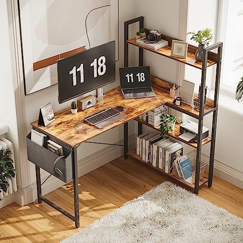 Treesland 47 Inch Computer Desk with Bookshelf, Corner Desk with Storage, L Shaped Desk, Home Office Desks, Writing Study Desk for Bedroom, Brown by Treesland