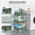 EAGMAK 3 Tier Utility Rolling Cart, Metal Storage Cart with Handle and Lockable Wheels, Multifunctional Storage Organizer Trolley with Mesh Baskets for Kitchen, Living Room, Office, Garage (Jungle) - Image 2