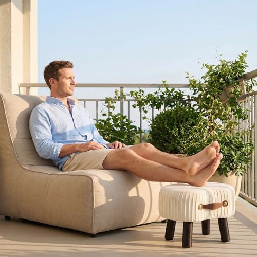 Foot Stools Small, White Ottomon with Handle, Velvet Footrest - Image 2