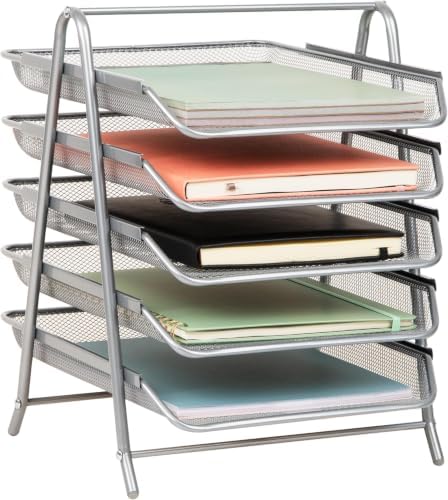 Mind Reader 5-Tier Paper Tray Organizer, Vertical Desktop File Storage Rack, Office, Metal Mesh, Silver 14.5" x 13.8" x 11.5" (Pack of 6) by MindReader
