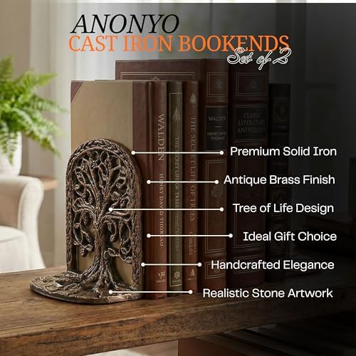 Tree of Life Bookends Set Heavy Duty Metal Book Ends for Shelves | Antique Brass Iron Decorative Bookend Pair for Home, Office, Library or Study | Elegant Vintage Style Book Holder Décor - Image 4