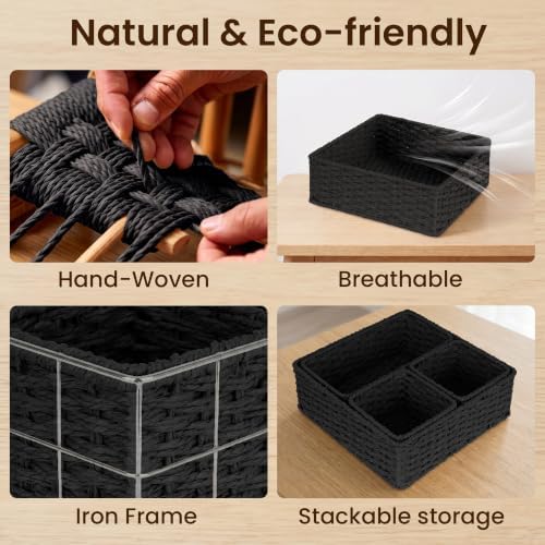 efluky 4 PCS Hand-Woven Drawer Organizer Baskets, Paper Rope Drawer Divider and Storage Trays Containers for Kitchen, Bathroom, Office, Desk, Black - Image 3