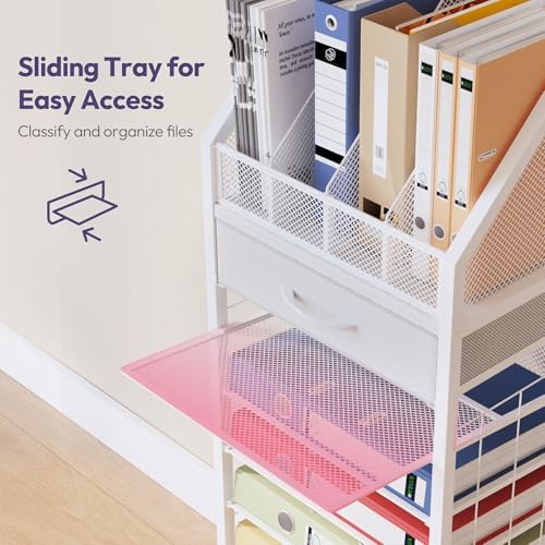 SWTYMIKI 9-Tier Rolling File Cart - Paper Organizer with Drawer and Trays, Wood Desk Office Organizer, Office Organization and Binder Storage for Workspace, Home, School, White - Image 4