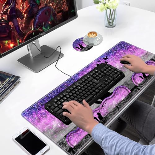 Ergonomic Keyboard Wrist Rest & Mouse Pad Wrist Rest Set, Large XXL Gaming Desk Mat 31.5"x 11.8" with Non-Slip Base, Memory Foam, Easy Typing Pain Relief for Home & Office, Black Cat and Butterfly - Image 7