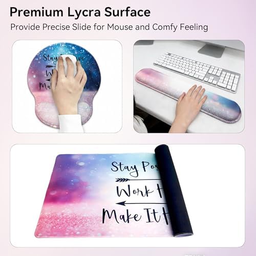 Desk Mat Set + Keyboard and Mouse Pad with Wrist Rest Support,4-in-1 Large Mousepad Computer Mats for Desktop Home & Office-Glitter Pink Blue - Image 4